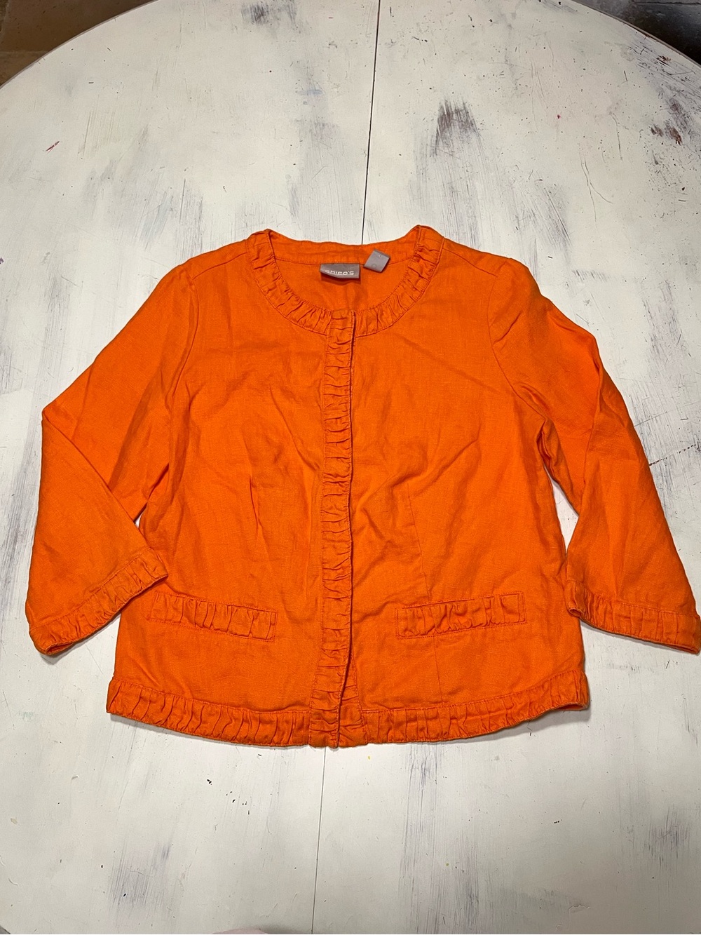 Chico’s 100% Linen 3/4 Sleeve Ruffle Trim Jacket Chico’s Sz 0 / Sz S/4
